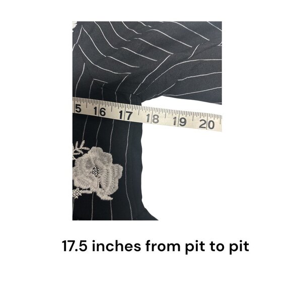 Velzera Womens Black Pinstripe Top W/ White Floral Embroidery & Smocked Details - Picture 8 of 9